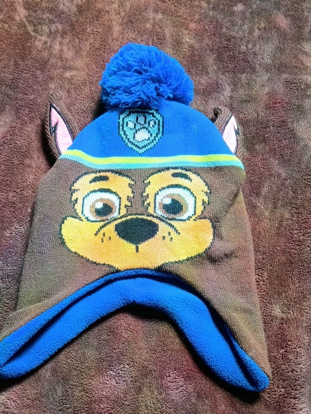 Paw Patrol Blue Brown Chase Earflap Pom-Pom Hat